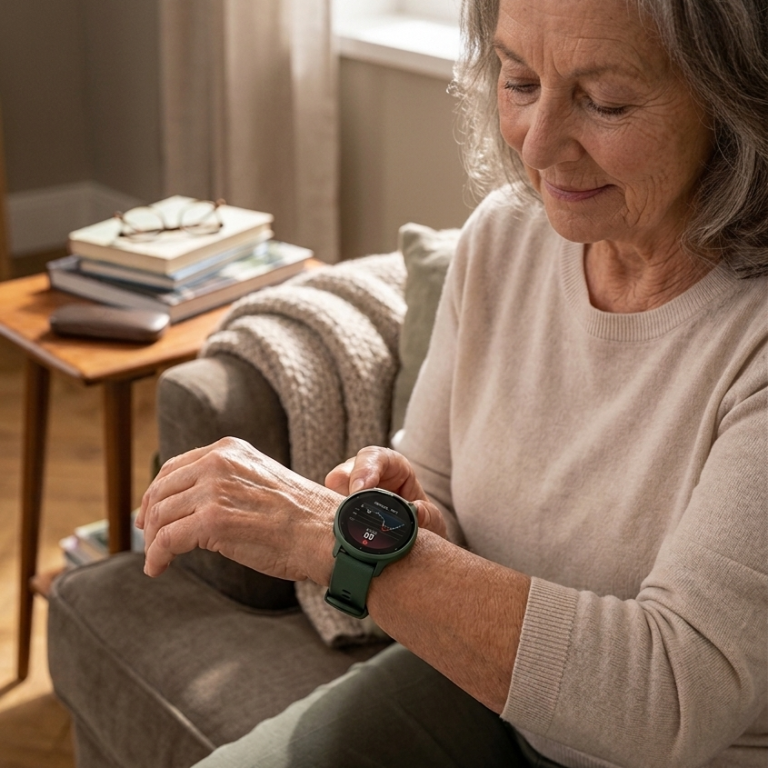 Ältere Frau mit Smartwatch am Handgelenk