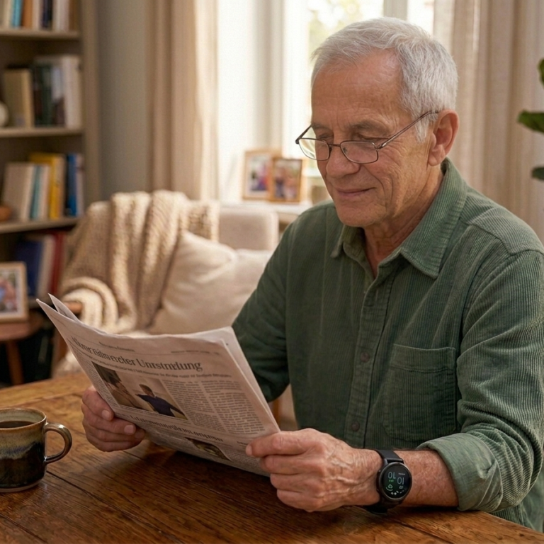 Ein älterer Mann mit Smartwatch am Handgelenk liest Zeitung.