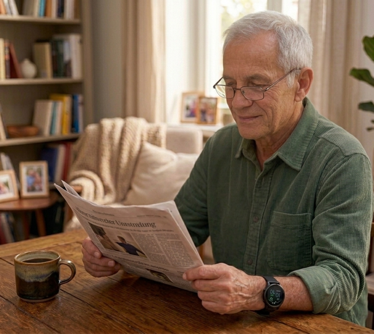Ein älterer Mann mit                                  Smartwatch am Handgelenk liest Zeitung.